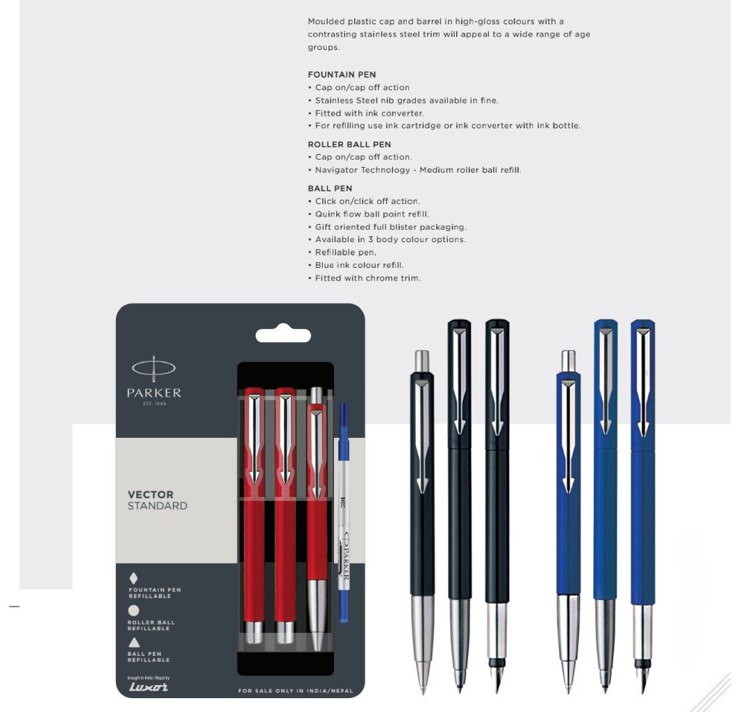 Parker Vector Standard Ball Pen, Roller Ball Pen & Fountain Pen Set